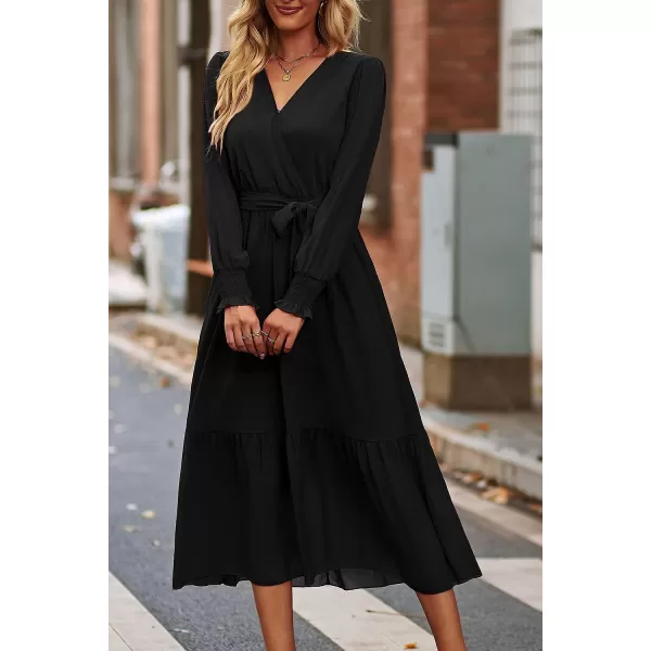 imagePRETTYGARDEN Womens Floral Print Boho Dress Long Sleeve Wrap V Neck Ruffle Belted ALine Flowy Maxi DressesSolid Black