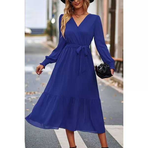 imagePRETTYGARDEN Womens Floral Print Boho Dress Long Sleeve Wrap V Neck Ruffle Belted ALine Flowy Maxi DressesSolid Blue