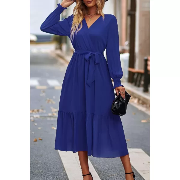 imagePRETTYGARDEN Womens Floral Print Boho Dress Long Sleeve Wrap V Neck Ruffle Belted ALine Flowy Maxi DressesSolid Blue