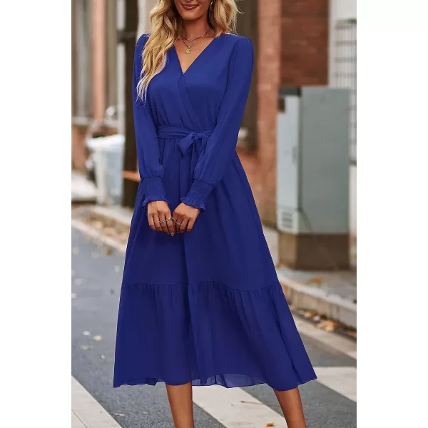 imagePRETTYGARDEN Womens Floral Print Boho Dress Long Sleeve Wrap V Neck Ruffle Belted ALine Flowy Maxi DressesSolid Blue