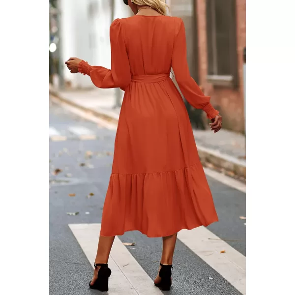 imagePRETTYGARDEN Womens Floral Print Boho Dress Long Sleeve Wrap V Neck Ruffle Belted ALine Flowy Maxi DressesSolid Brick Red