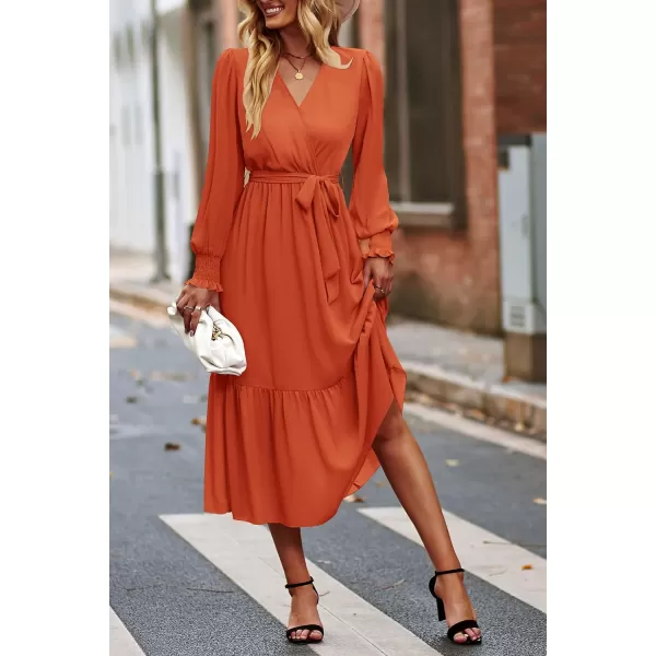 imagePRETTYGARDEN Womens Floral Print Boho Dress Long Sleeve Wrap V Neck Ruffle Belted ALine Flowy Maxi DressesSolid Brick Red