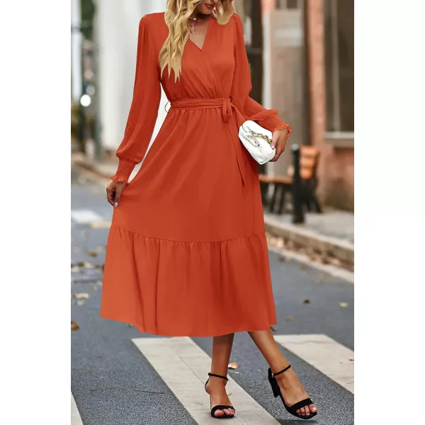 imagePRETTYGARDEN Womens Floral Print Boho Dress Long Sleeve Wrap V Neck Ruffle Belted ALine Flowy Maxi DressesSolid Brick Red