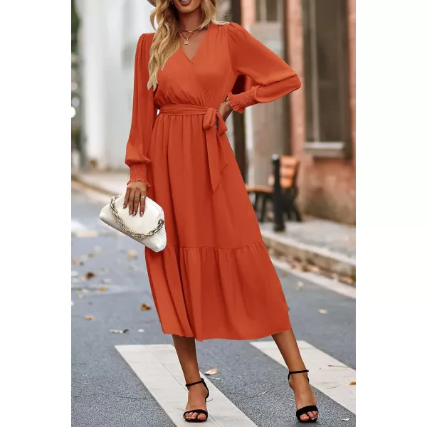 imagePRETTYGARDEN Womens Floral Print Boho Dress Long Sleeve Wrap V Neck Ruffle Belted ALine Flowy Maxi DressesSolid Brick Red