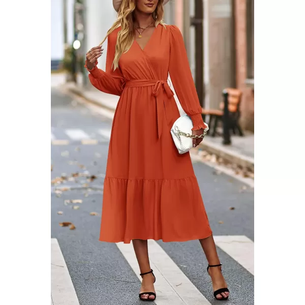 imagePRETTYGARDEN Womens Floral Print Boho Dress Long Sleeve Wrap V Neck Ruffle Belted ALine Flowy Maxi DressesSolid Brick Red