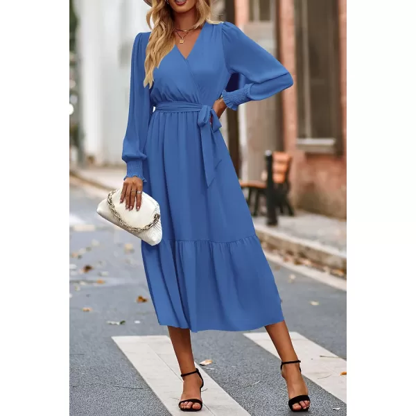 imagePRETTYGARDEN Womens Floral Print Boho Dress Long Sleeve Wrap V Neck Ruffle Belted ALine Flowy Maxi DressesSolid Dark Bule