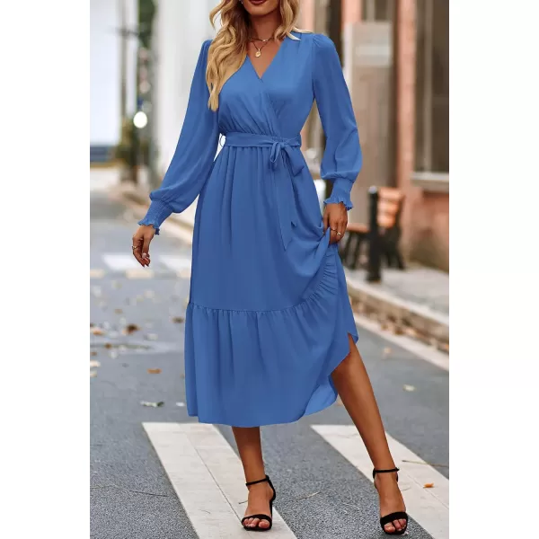 imagePRETTYGARDEN Womens Floral Print Boho Dress Long Sleeve Wrap V Neck Ruffle Belted ALine Flowy Maxi DressesSolid Dark Bule