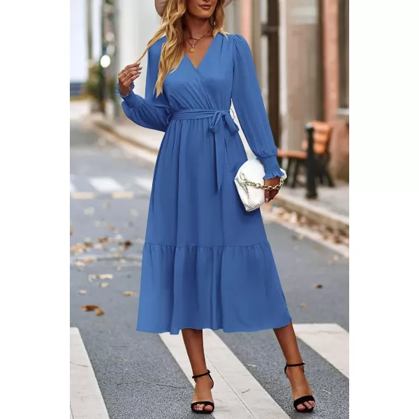 imagePRETTYGARDEN Womens Floral Print Boho Dress Long Sleeve Wrap V Neck Ruffle Belted ALine Flowy Maxi DressesSolid Dark Bule