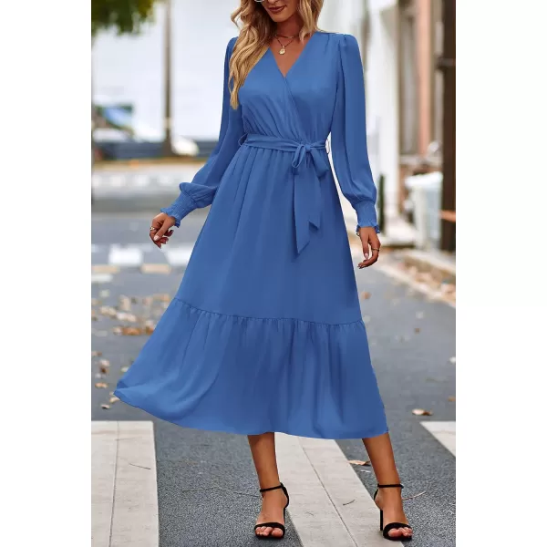 imagePRETTYGARDEN Womens Floral Print Boho Dress Long Sleeve Wrap V Neck Ruffle Belted ALine Flowy Maxi DressesSolid Dark Bule