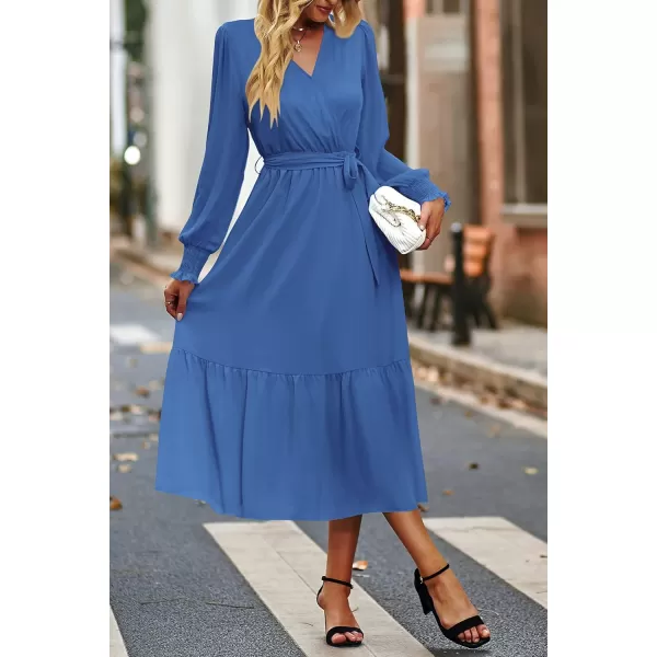 imagePRETTYGARDEN Womens Floral Print Boho Dress Long Sleeve Wrap V Neck Ruffle Belted ALine Flowy Maxi DressesSolid Dark Bule