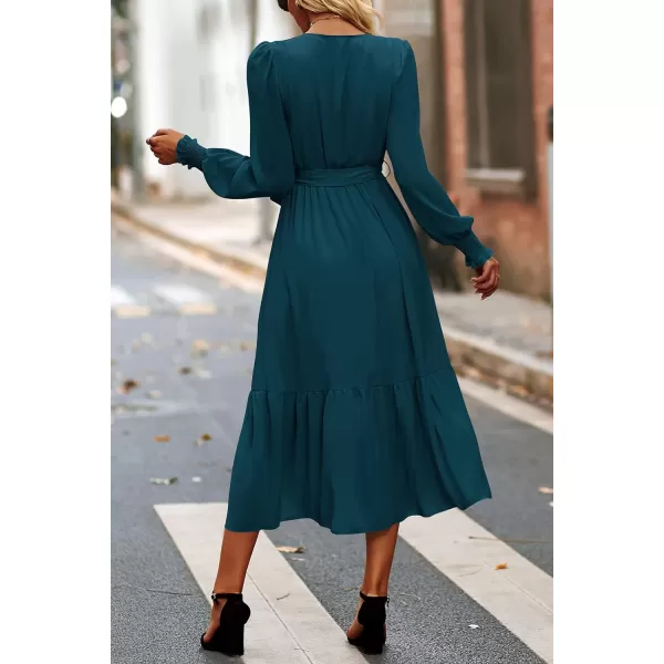 imagePRETTYGARDEN Womens Floral Print Boho Dress Long Sleeve Wrap V Neck Ruffle Belted ALine Flowy Maxi DressesSolid Lake Blue