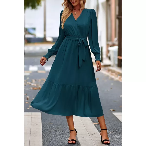 imagePRETTYGARDEN Womens Floral Print Boho Dress Long Sleeve Wrap V Neck Ruffle Belted ALine Flowy Maxi DressesSolid Lake Blue
