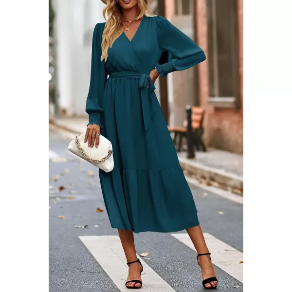 imagePRETTYGARDEN Womens Floral Print Boho Dress Long Sleeve Wrap V Neck Ruffle Belted ALine Flowy Maxi DressesSolid Lake Blue