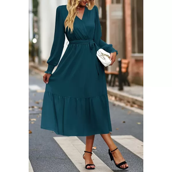 imagePRETTYGARDEN Womens Floral Print Boho Dress Long Sleeve Wrap V Neck Ruffle Belted ALine Flowy Maxi DressesSolid Lake Blue