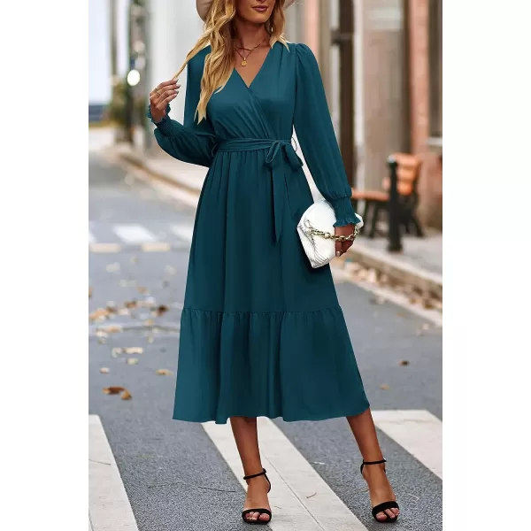 imagePRETTYGARDEN Womens Floral Print Boho Dress Long Sleeve Wrap V Neck Ruffle Belted ALine Flowy Maxi DressesSolid Lake Blue