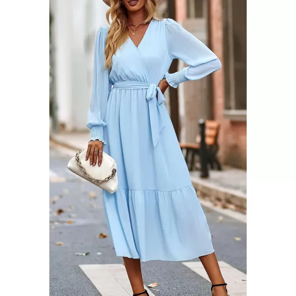 imagePRETTYGARDEN Womens Floral Print Boho Dress Long Sleeve Wrap V Neck Ruffle Belted ALine Flowy Maxi DressesSolid Light Blue