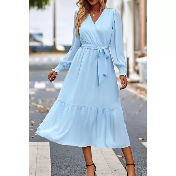 imagePRETTYGARDEN Womens Floral Print Boho Dress Long Sleeve Wrap V Neck Ruffle Belted ALine Flowy Maxi DressesSolid Light Blue