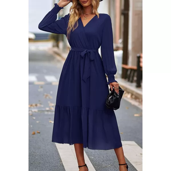 imagePRETTYGARDEN Womens Floral Print Boho Dress Long Sleeve Wrap V Neck Ruffle Belted ALine Flowy Maxi DressesSolid Navy