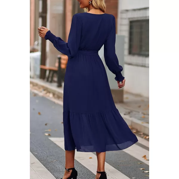 imagePRETTYGARDEN Womens Floral Print Boho Dress Long Sleeve Wrap V Neck Ruffle Belted ALine Flowy Maxi DressesSolid Navy
