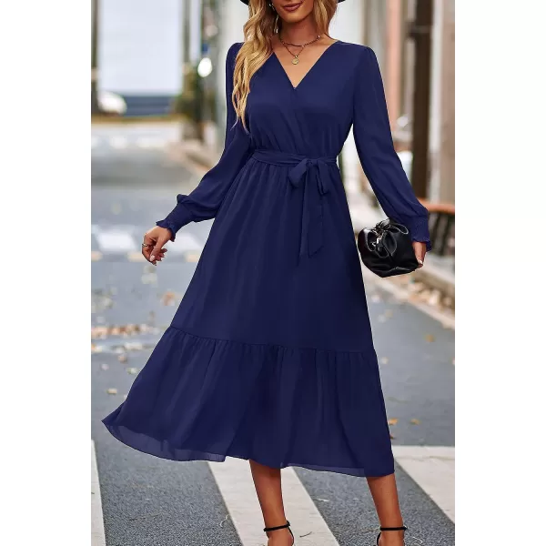 imagePRETTYGARDEN Womens Floral Print Boho Dress Long Sleeve Wrap V Neck Ruffle Belted ALine Flowy Maxi DressesSolid Navy