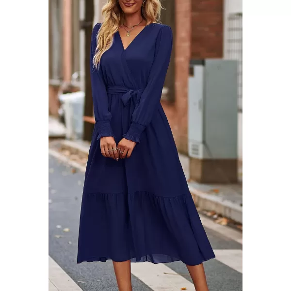 imagePRETTYGARDEN Womens Floral Print Boho Dress Long Sleeve Wrap V Neck Ruffle Belted ALine Flowy Maxi DressesSolid Navy