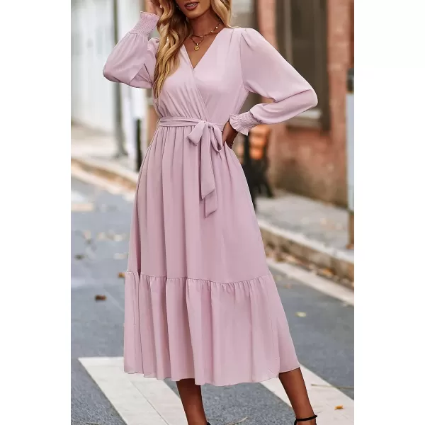 imagePRETTYGARDEN Womens Floral Print Boho Dress Long Sleeve Wrap V Neck Ruffle Belted ALine Flowy Maxi DressesSolid Pink