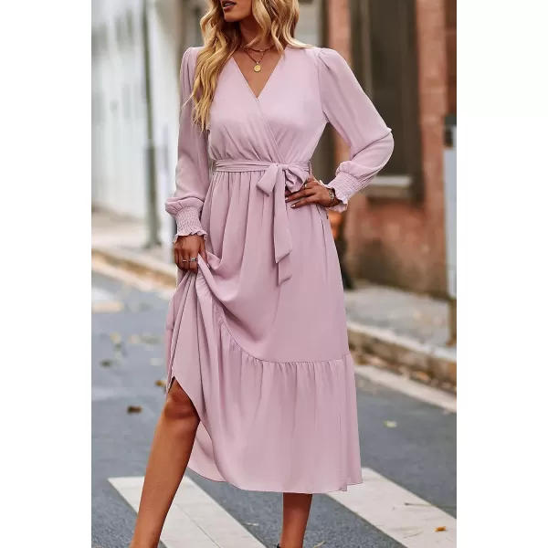 imagePRETTYGARDEN Womens Floral Print Boho Dress Long Sleeve Wrap V Neck Ruffle Belted ALine Flowy Maxi DressesSolid Pink