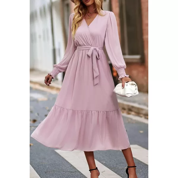 imagePRETTYGARDEN Womens Floral Print Boho Dress Long Sleeve Wrap V Neck Ruffle Belted ALine Flowy Maxi DressesSolid Pink