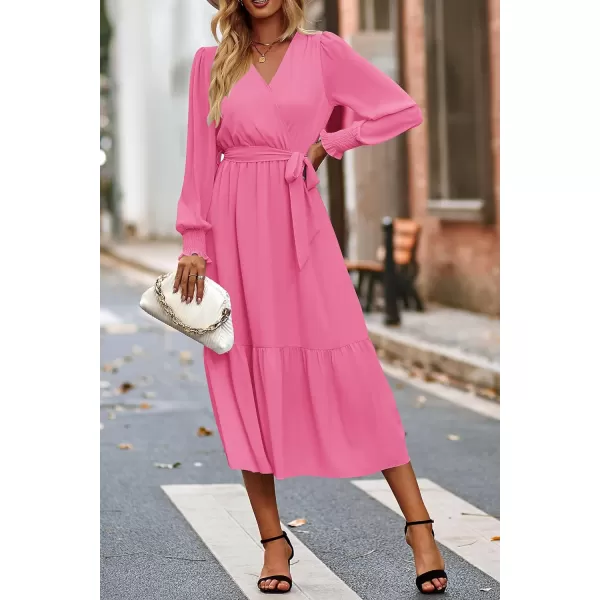 imagePRETTYGARDEN Womens Floral Print Boho Dress Long Sleeve Wrap V Neck Ruffle Belted ALine Flowy Maxi DressesSolid Rose Pink