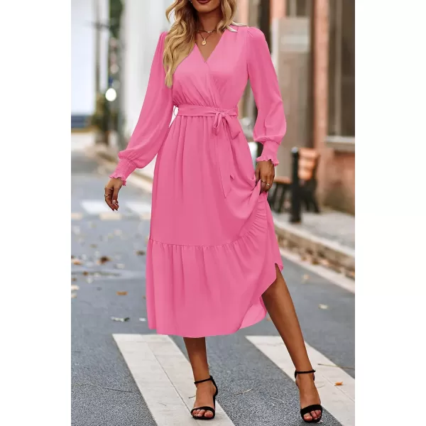 imagePRETTYGARDEN Womens Floral Print Boho Dress Long Sleeve Wrap V Neck Ruffle Belted ALine Flowy Maxi DressesSolid Rose Pink