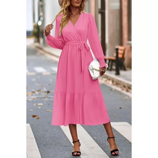 imagePRETTYGARDEN Womens Floral Print Boho Dress Long Sleeve Wrap V Neck Ruffle Belted ALine Flowy Maxi DressesSolid Rose Pink