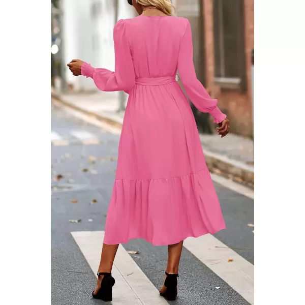 imagePRETTYGARDEN Womens Floral Print Boho Dress Long Sleeve Wrap V Neck Ruffle Belted ALine Flowy Maxi DressesSolid Rose Pink