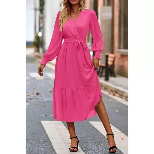 imagePRETTYGARDEN Womens Floral Print Boho Dress Long Sleeve Wrap V Neck Ruffle Belted ALine Flowy Maxi DressesSolid Rose Red