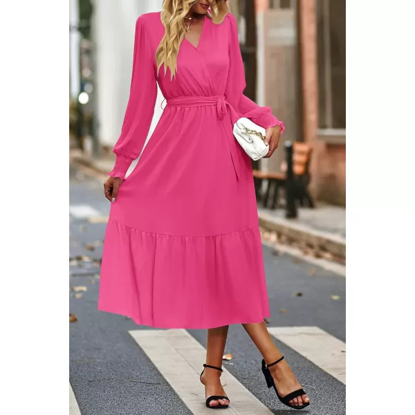 imagePRETTYGARDEN Womens Floral Print Boho Dress Long Sleeve Wrap V Neck Ruffle Belted ALine Flowy Maxi DressesSolid Rose Red