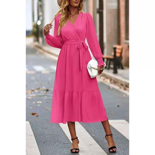 imagePRETTYGARDEN Womens Floral Print Boho Dress Long Sleeve Wrap V Neck Ruffle Belted ALine Flowy Maxi DressesSolid Rose Red