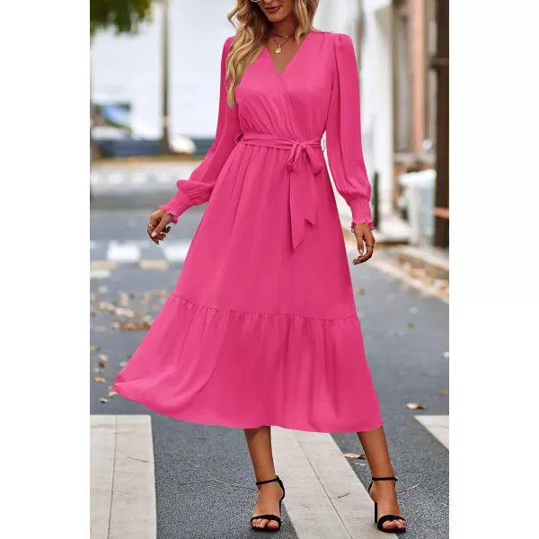 imagePRETTYGARDEN Womens Floral Print Boho Dress Long Sleeve Wrap V Neck Ruffle Belted ALine Flowy Maxi DressesSolid Rose Red