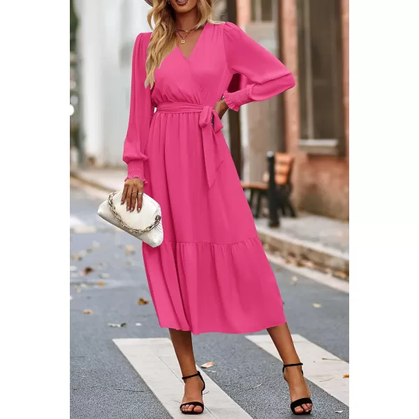 imagePRETTYGARDEN Womens Floral Print Boho Dress Long Sleeve Wrap V Neck Ruffle Belted ALine Flowy Maxi DressesSolid Rose Red