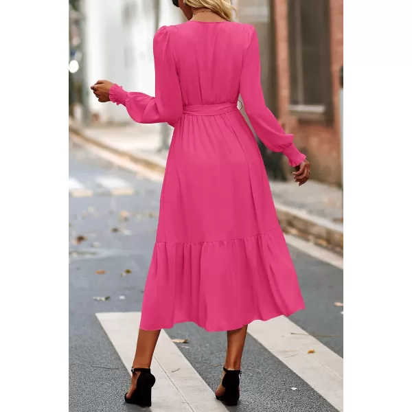imagePRETTYGARDEN Womens Floral Print Boho Dress Long Sleeve Wrap V Neck Ruffle Belted ALine Flowy Maxi DressesSolid Rose Red