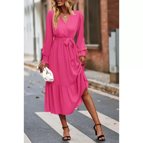 imagePRETTYGARDEN Womens Floral Print Boho Dress Long Sleeve Wrap V Neck Ruffle Belted ALine Flowy Maxi DressesSolid Rose Red