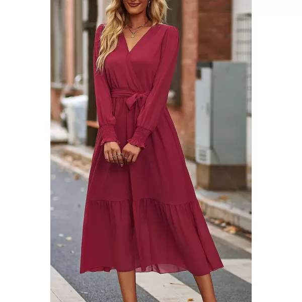 imagePRETTYGARDEN Womens Floral Print Boho Dress Long Sleeve Wrap V Neck Ruffle Belted ALine Flowy Maxi DressesSolid Wine Red