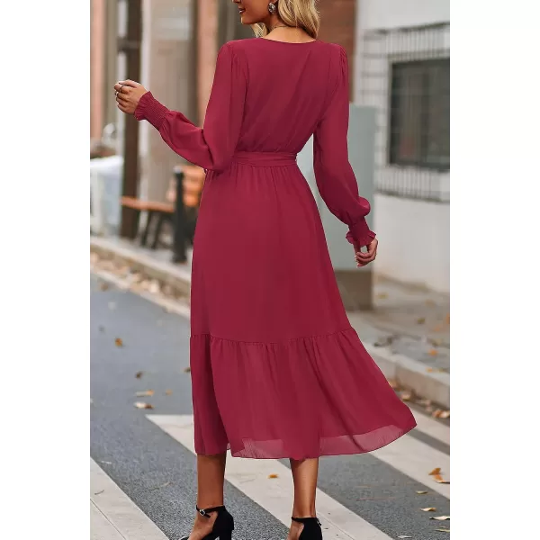 imagePRETTYGARDEN Womens Floral Print Boho Dress Long Sleeve Wrap V Neck Ruffle Belted ALine Flowy Maxi DressesSolid Wine Red