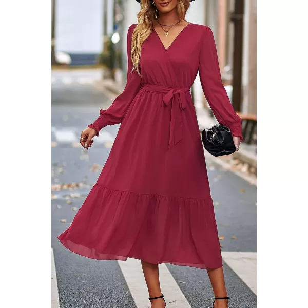 imagePRETTYGARDEN Womens Floral Print Boho Dress Long Sleeve Wrap V Neck Ruffle Belted ALine Flowy Maxi DressesSolid Wine Red