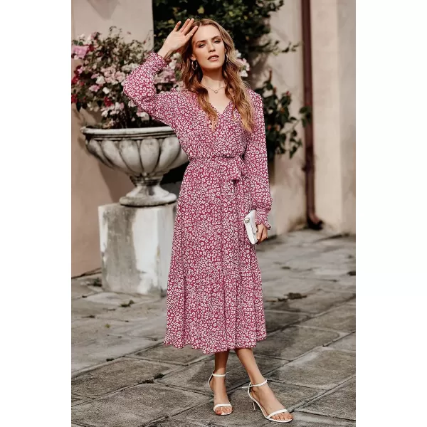 imagePRETTYGARDEN Womens Floral Print Boho Dress Long Sleeve Wrap V Neck Ruffle Belted ALine Flowy Maxi DressesWine Red