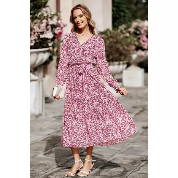 imagePRETTYGARDEN Womens Floral Print Boho Dress Long Sleeve Wrap V Neck Ruffle Belted ALine Flowy Maxi DressesWine Red