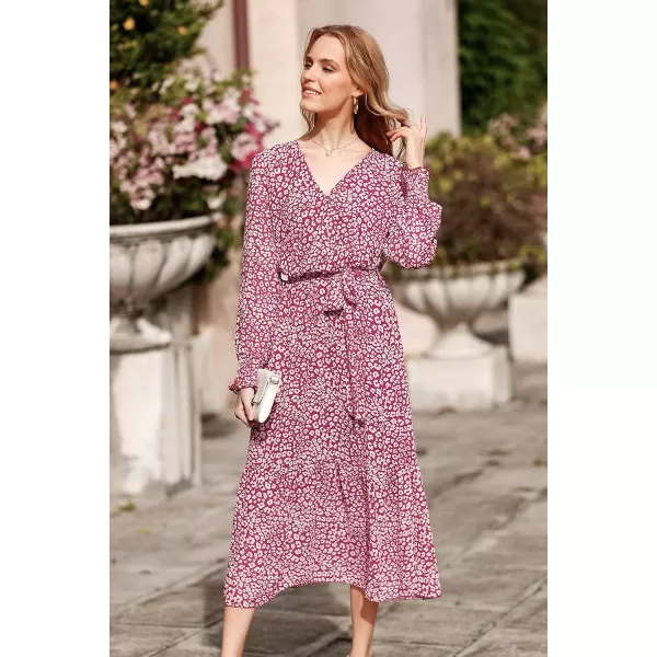 imagePRETTYGARDEN Womens Floral Print Boho Dress Long Sleeve Wrap V Neck Ruffle Belted ALine Flowy Maxi DressesWine Red