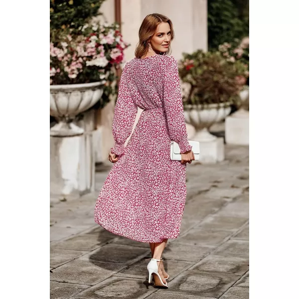 imagePRETTYGARDEN Womens Floral Print Boho Dress Long Sleeve Wrap V Neck Ruffle Belted ALine Flowy Maxi DressesWine Red
