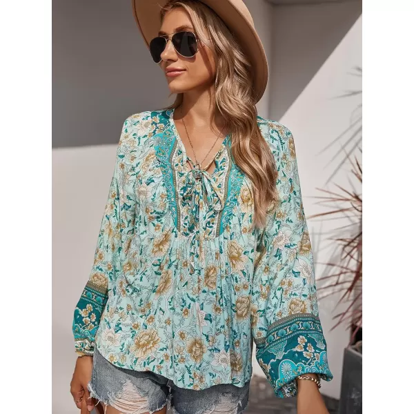 imagePRETTYGARDEN Womens Floral Ruffled Tunic Blouse Tie V Neck Casual Long Sleeve Babydoll Peplum Tops01blue