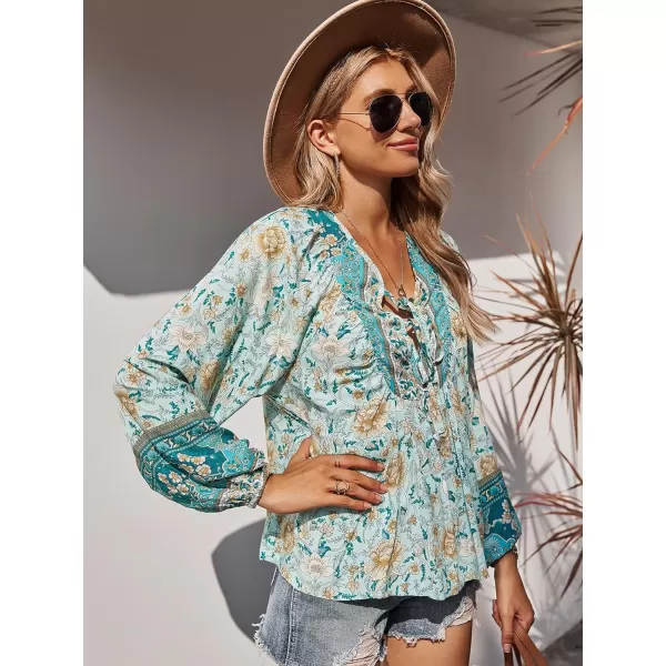 imagePRETTYGARDEN Womens Floral Ruffled Tunic Blouse Tie V Neck Casual Long Sleeve Babydoll Peplum Tops01blue