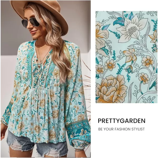 imagePRETTYGARDEN Womens Floral Ruffled Tunic Blouse Tie V Neck Casual Long Sleeve Babydoll Peplum Tops01blue