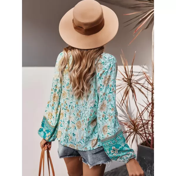 imagePRETTYGARDEN Womens Floral Ruffled Tunic Blouse Tie V Neck Casual Long Sleeve Babydoll Peplum Tops01blue